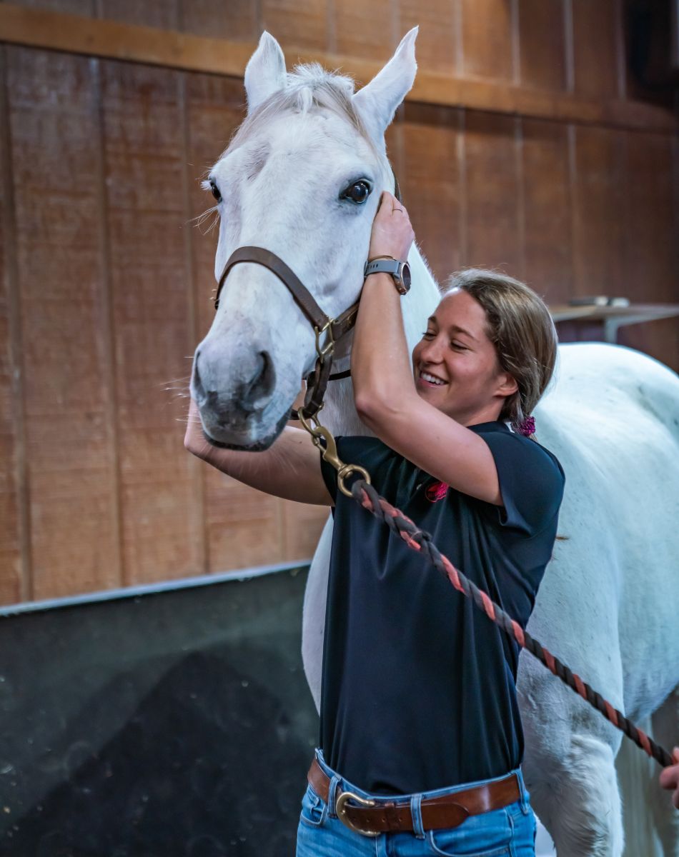 a veterinarian hugging a white horse